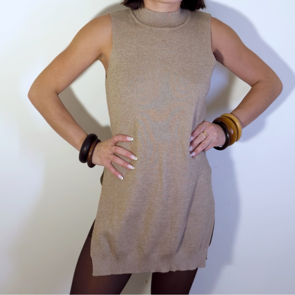 Tan knit turtleneck mock neck tank sleeveless sweater smock with split side hem